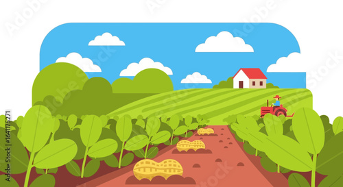 Whimsical peanut farm landscape with a farmer and tractor driving by