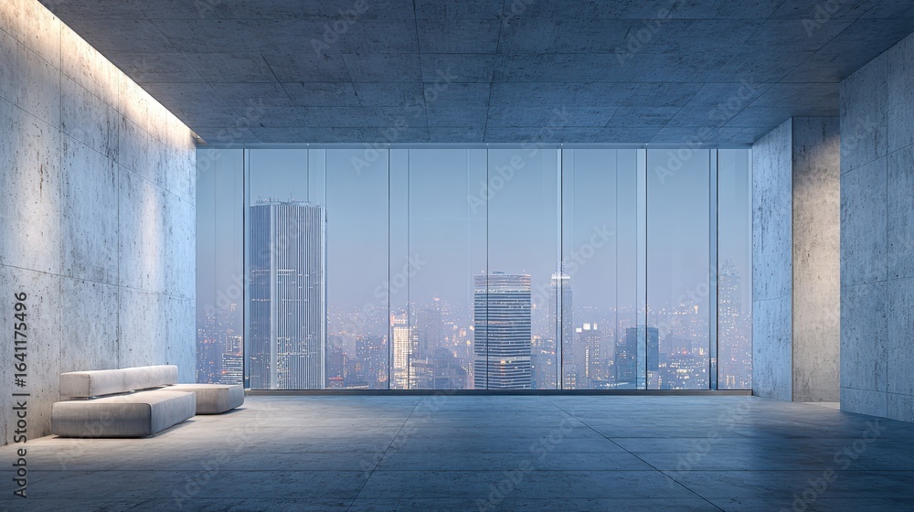Fototapeta premium Modern Interior with City View: Concrete Walls, Minimalist Design, Spacious Room, and Large Window Overlooking Urban Skyline