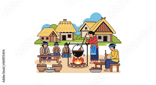 Traditional Village Life: Preparing Food Together in a Rural Setting