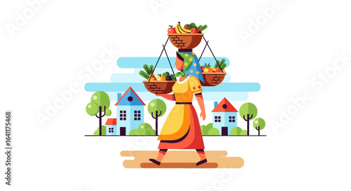 Vibrant Village Vendor: Woman Carrying Fruit Baskets in a Colorful Landscape