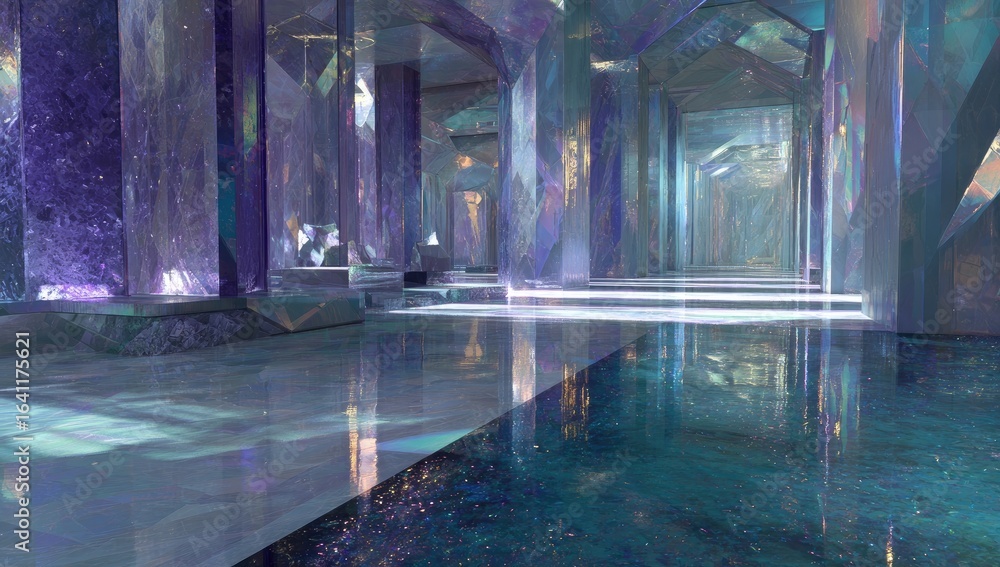 Obraz premium Crystal Palace Interior Reflective Floor, Iridescent Walls, Background Depth, Fantasy Setting