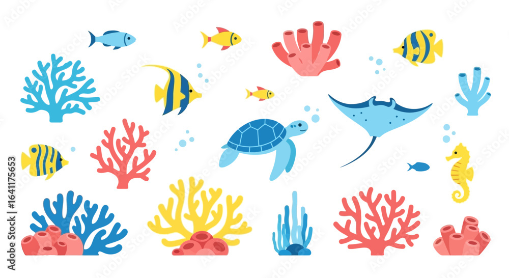 Obraz premium A vibrant undersea world illustration with colorful marine life and coral reefs