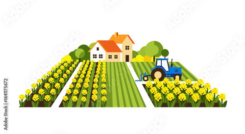 Agricultural landscape with blooming canola field, tractor and farm houses