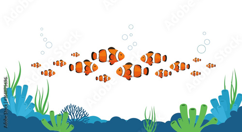 Animated Clownfish Swimming Amidst Coral Reef Underwater Scene Illustration