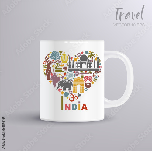 Vector heart of India filled with travel icons. Taj Mahal, lotus, elephant, sari, palm trees, traditional symbols. Flat style on mug mockup for tourism and souvenirs