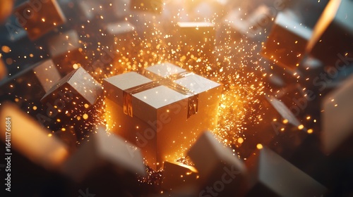 Gift box exploding amidst sparks, delivery, warehouse background, e-commerce