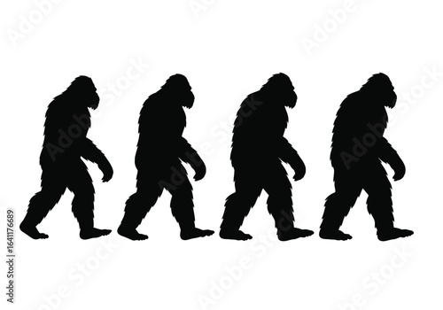A group of silhouetted bigfoot figures walking in a line, representing the elusive cryptid and its mysterious existence isolated on white background