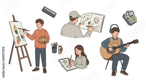 Creative Pursuits Illustration of Artists Engaged in Painting, Sketching, and Music for Artistic Expression and Creative Projects