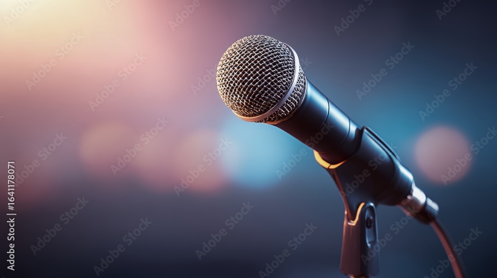 Obraz premium Microphone on Stage Ready for Performance, Speech or Singing with Bokeh Background and Spot Lighting