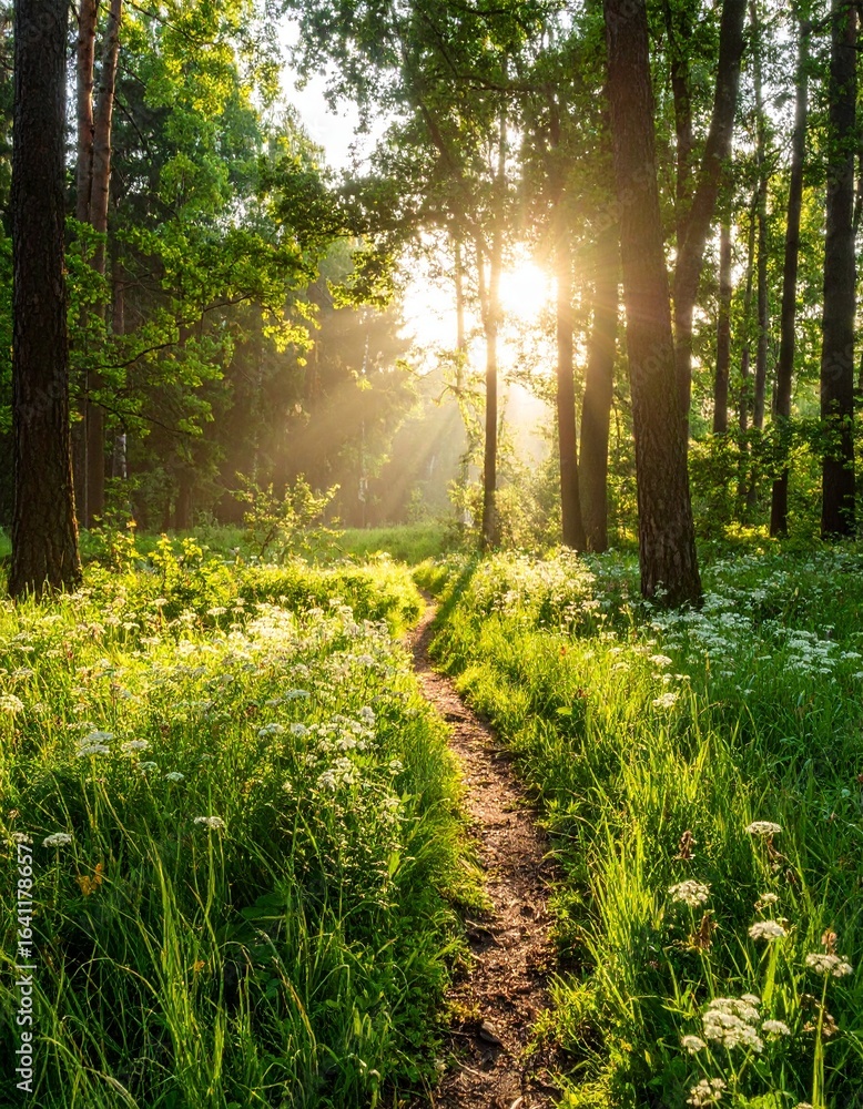 Fototapeta premium 제목: Towering Trees and a Sunlit Trail설명: The majestic view of towering trees bathed in the warm glow of the rising sun, with a peaceful trail winding through the heart of the woods.