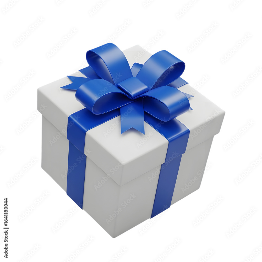 Fototapeta premium 3d icon of white gift box with a blue ribbon and bow isolated on transparent background