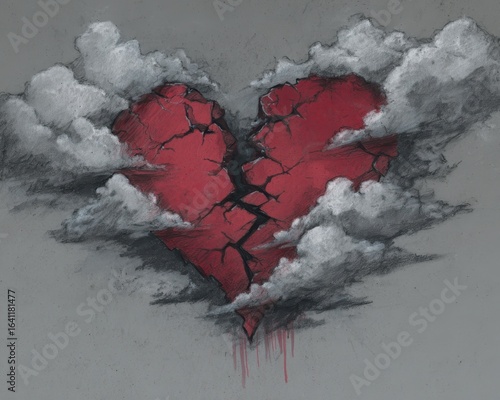 Artistic Depiction of a Torn Heart: A Passionate Red Graffiti Symbolizing Heartache and Pain