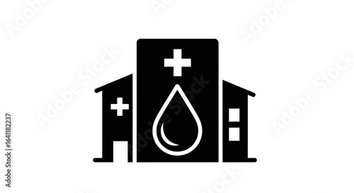 Blood Drop and Hospital Silhouette Icon: Healthcare and Medical Services