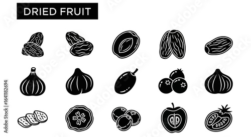 Dried Fruit Solid Black Icons: Healthy Snacks, Food, and Natural Ingredients