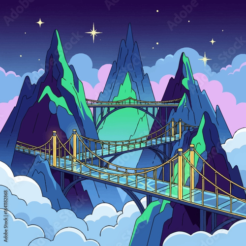Mountains connect with suspension bridges Stars clouds teal  violet sky