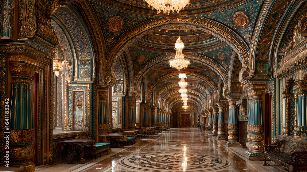 Obraz premium Grand Palace Corridor Interior With Gold And Teal Accents