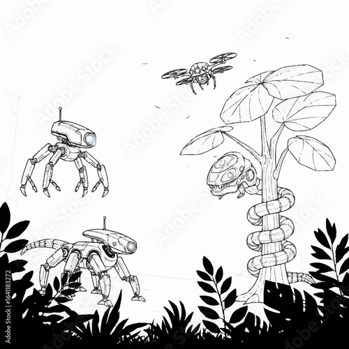 Robotic creatures amid stylized flora ground bots a flying drone and a snakelike robot coiled around a tree