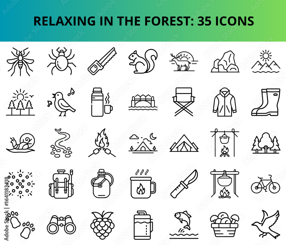 Fototapeta premium Relaxing in the forest icons set featuring nature and activities 