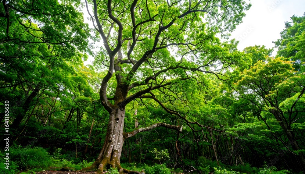 Fototapeta premium Lush forest canopy with large, vibrant tree