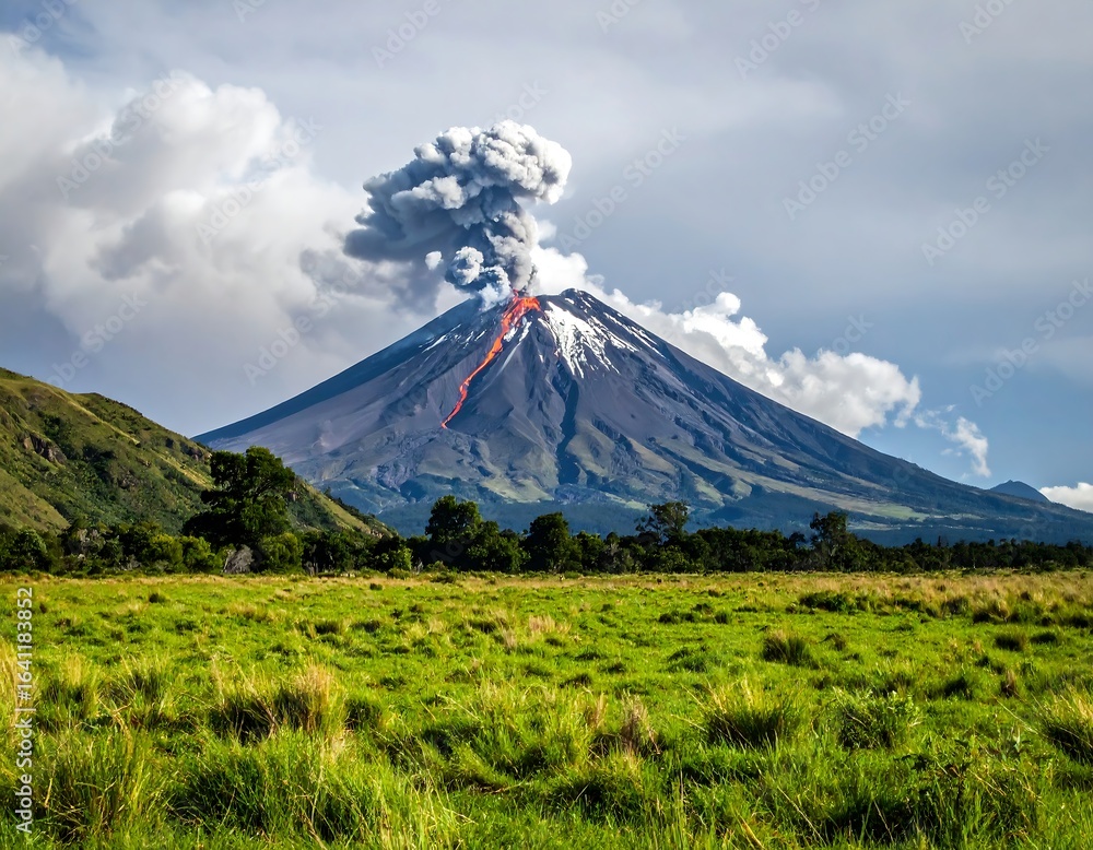 Fototapeta premium Erupting volcano over grassy plain