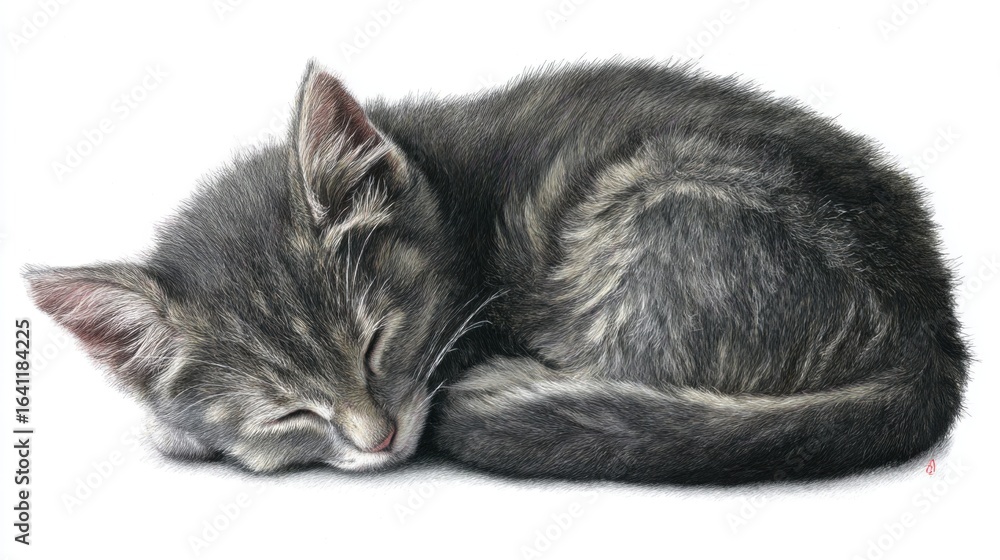 Fototapeta premium A sleeping grey tabby kitten curled up in a serene position with closed eyes and pointed ears, soft dense fur,