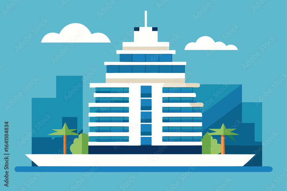 Obraz premium Illustration of a modern building on a ship with palm trees