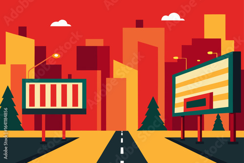 Cityscape view with billboards and buildings in flat style