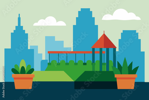 Cityscape illustration with park gazebo and potted plants