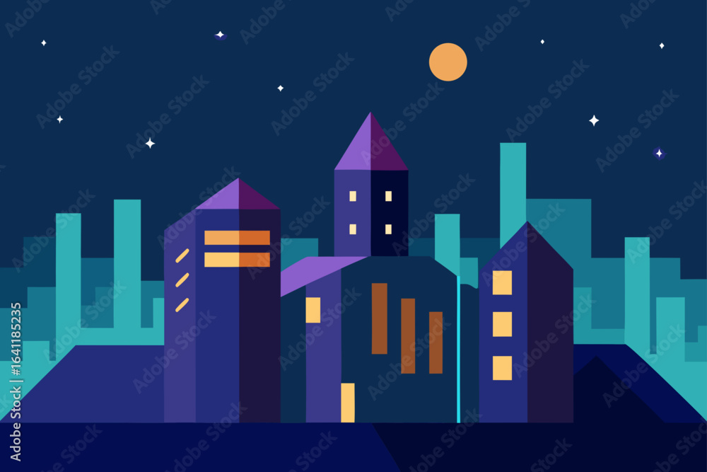 Fototapeta premium Illustration of a cityscape with a moon and stars at night