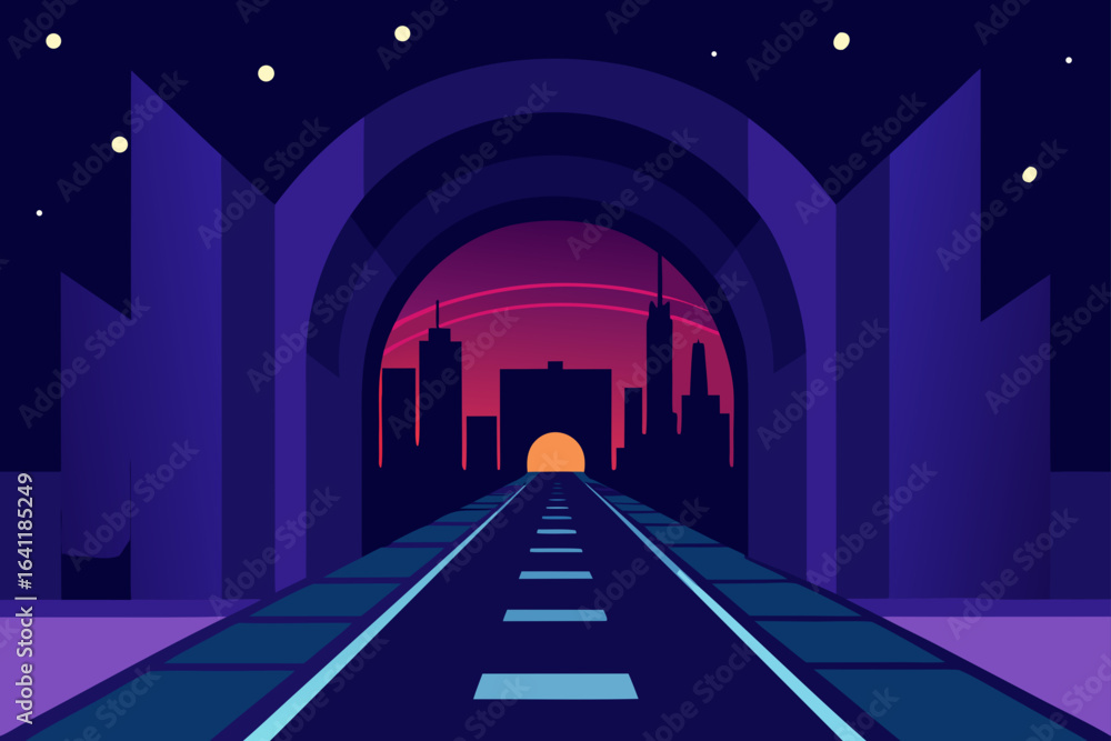 Fototapeta premium Illustration of a road leading to a city skyline at sunset