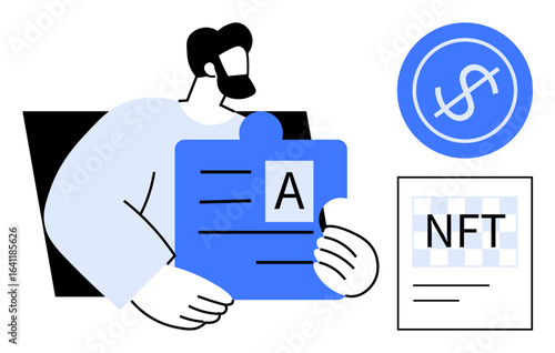 Man assembling puzzle piece with text, next to NFT paper and dollar sign circle. Ideal for NFTs, cryptocurrency, digital assets, content creation, blockchain, investment technology concepts. A
