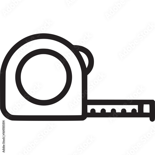 Illustration of a black measuring tape, a tool for measuring length and distance with precision, isolated on white background, presented as a simple and minimal vector icon