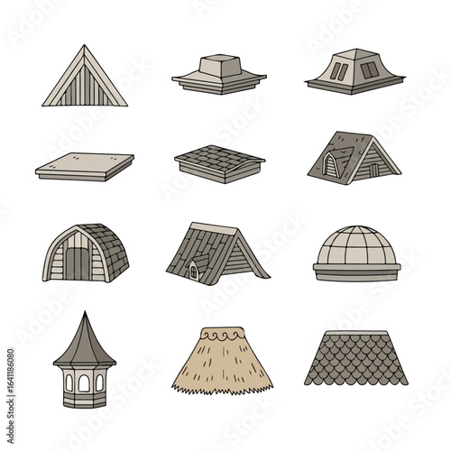 Diverse Roof Styles Vector Illustration for Architectural Design, Construction, and Educational Materials on Building Structures and Roofing Techniques