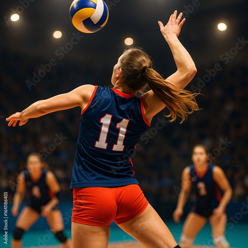 A female athlete in a blue jersey with the number 11 jumps to spike the volleyball during an indoor game.
