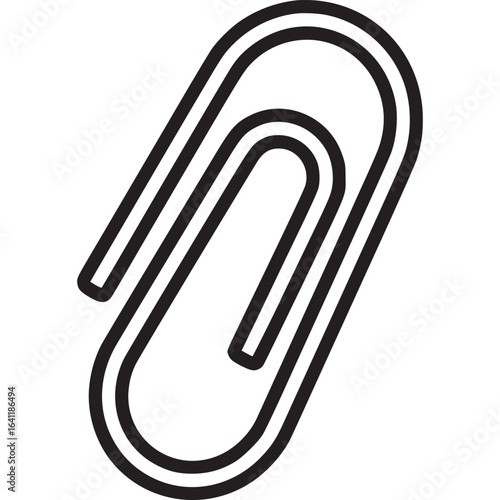 Illustration of a black paper clip, a tool for attaching documents and organizing files in the office, isolated on white background, presented as a simple and minimal vector icon