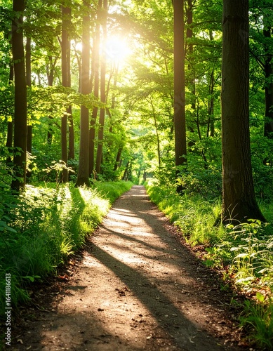 제목: Vertical View of a Midday Path

설명: A vertical composition emphasizing the height of the trees and the dramatic play of strong midday sunlight on a forest path.