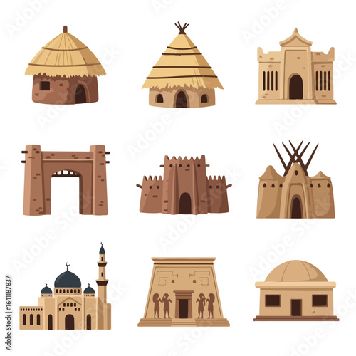 Diverse architectural styles showcasing traditional buildings from around the world, perfect for educational materials and cultural heritage presentations