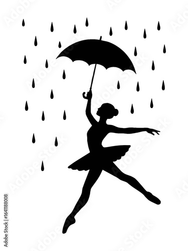 Ballerina dancing in the rain with umbrella silhouette vector illustration graphic design element art on transparent background