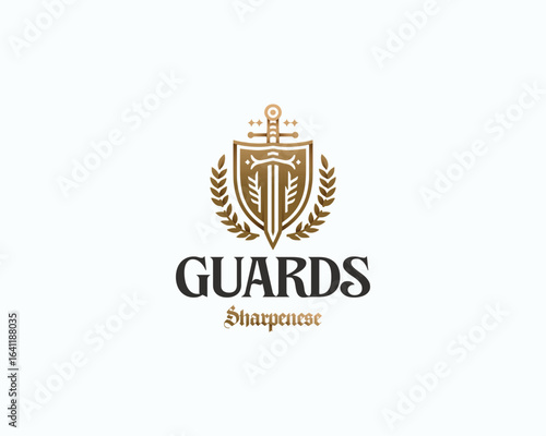 Ancient sword logo template illustration. Medieval sword silhouette ancient guild history.