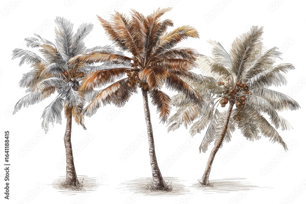 Obraz premium Three detailed illustrations of tropical palm trees.