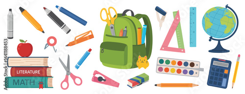 Vector art of a vibrant collection of pixel art school supplies, including a backpack, books, and stationery, isolated on white background, perfect for educational designs and creative projects
