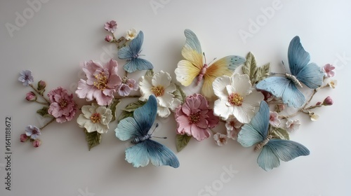 Delicate art piece of pastel-colored butterflies and flowers, arranged on a white background