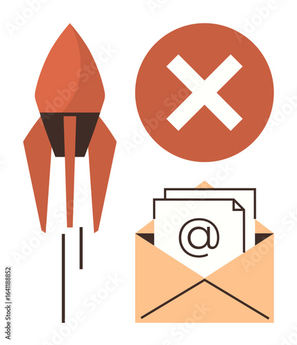 Rocket launching beside an email envelope and a cross mark indicating communication failure. Ideal for concepts thumbs up technology, email, error, innovation, failure, rejection, and creativity