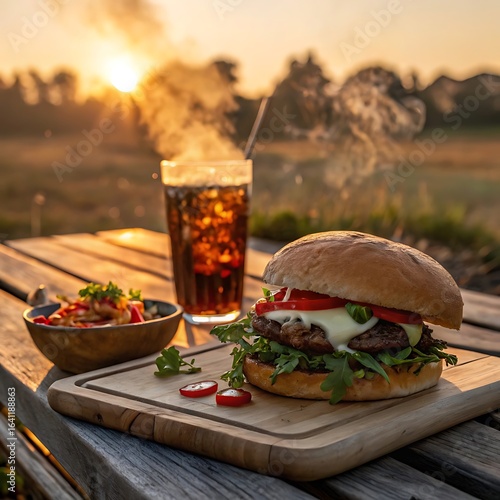 Gourmet burger and cola drink on wooden table at sunset hamburger beef patty