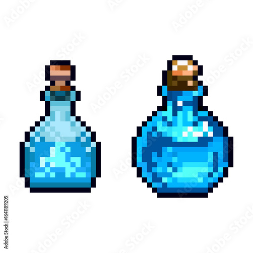 Pixel Art Blue Potion Bottles, set of two pixel art illustrations of glass potion bottles filled with a glowing blue liquid, sealed with corks.