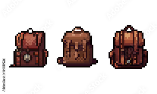 Collection of Detailed Pixel Art Backpacks for Adventurers and Travelers in Retro Pixel Art Style Games