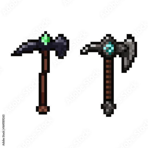 Pixel Art Axe, pixel art illustration featuring two fantasy style tools a dark axe with a glowing green gem and a stylized axe with a blue glowing core.