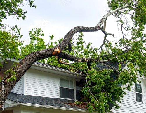 Damaged tree branch on house roof