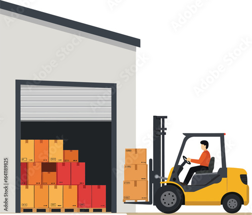 Forklift Operator Loading Boxes into Warehouse Storage Facility with Stacked Cardboard Containers