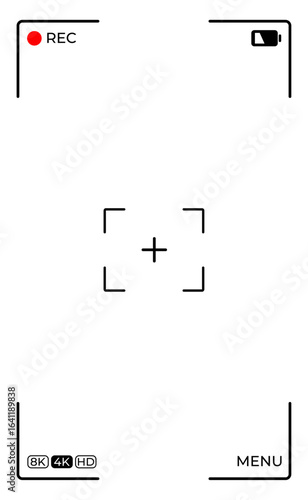 Smartphone camera viewfinder. Overlay template with recording frame. HD, 4K, 8K, Vertical screen display. Transparent PNG and vector illustration.